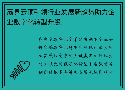 赢界云顶引领行业发展新趋势助力企业数字化转型升级